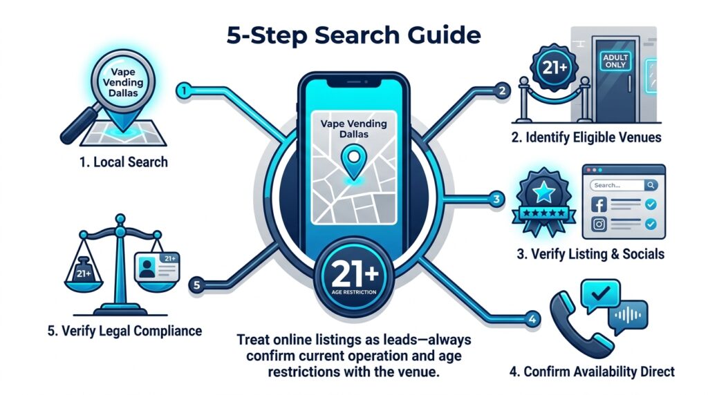 Step-by-step flowchart infographic outlining 5 steps to find a vape vending machine: Local Search, Eligible Venues, Verify Listing, Confirm Availability, and Check Legal Compliance.