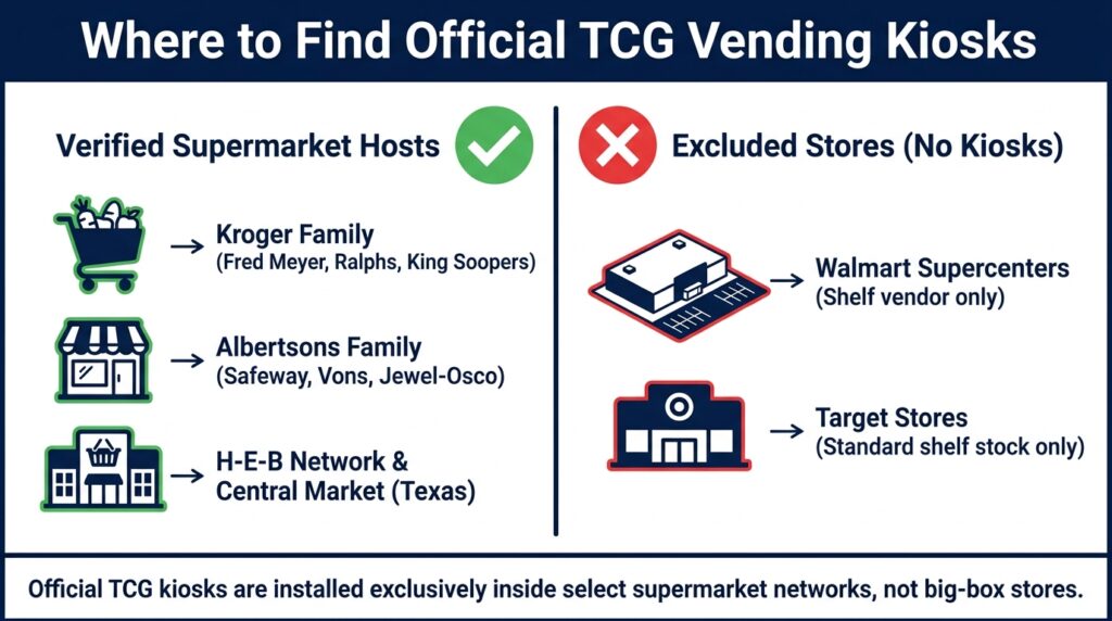 Informational graphic contrasting approved grocery chains (Kroger, Albertsons, H-E-B) that host official TCG kiosks against excluded big-box retailers (Walmart, Target) on a white background.