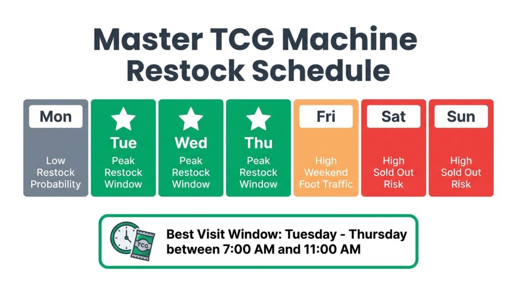 Weekly calendar infographic showing the best time windows to find restocked TCG vending machines, highlighting Tuesday through Thursday mornings on a white background.