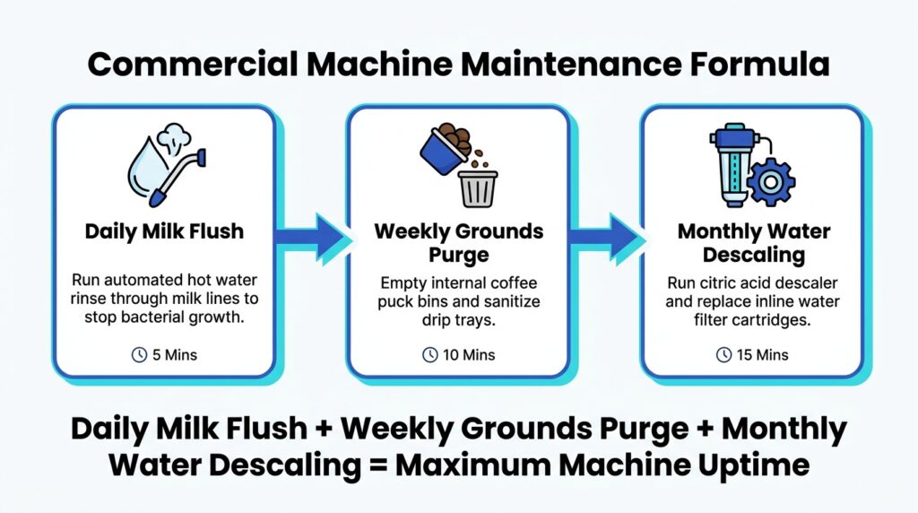 Workflow diagram illustrating the 3-step preventive maintenance formula: Daily Milk Flush, Weekly Grounds Purge, and Monthly Water Descaling for commercial coffee equipment longevity on a white background.