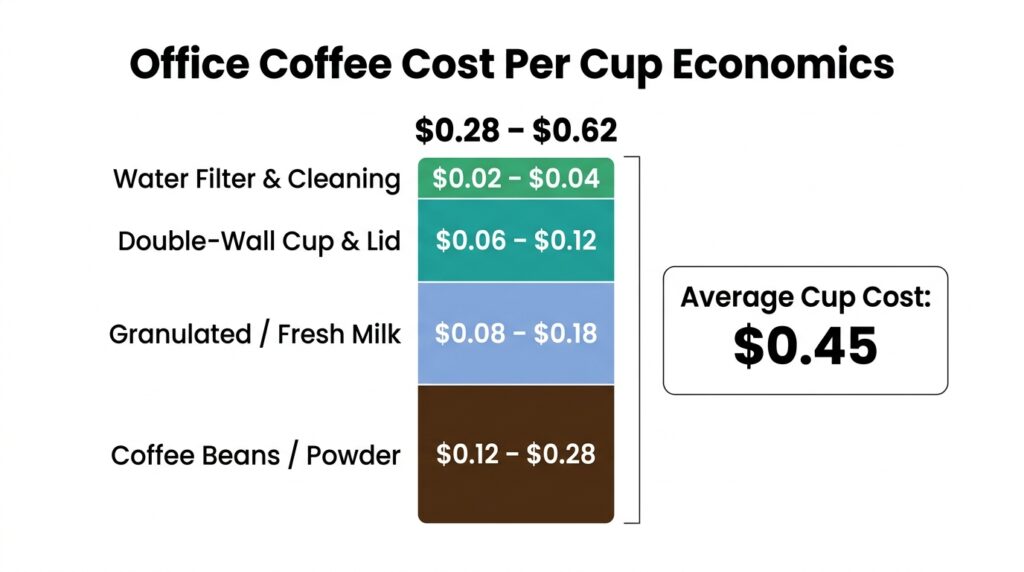A stacked visual bar chart showing the breakdown of a single cup of office coffee, from beans and milk to paper cups and machine maintenance on a white background.