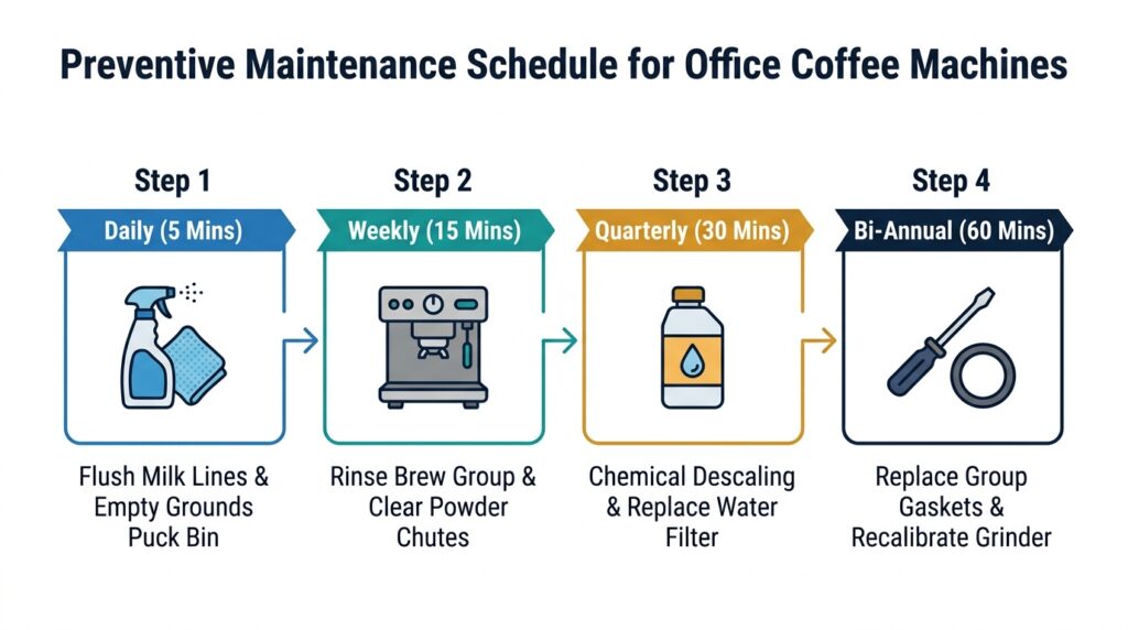 A 4-stage timeline graphic showing daily, weekly, quarterly, and bi-annual cleaning routines for an office coffee machine on a white background.