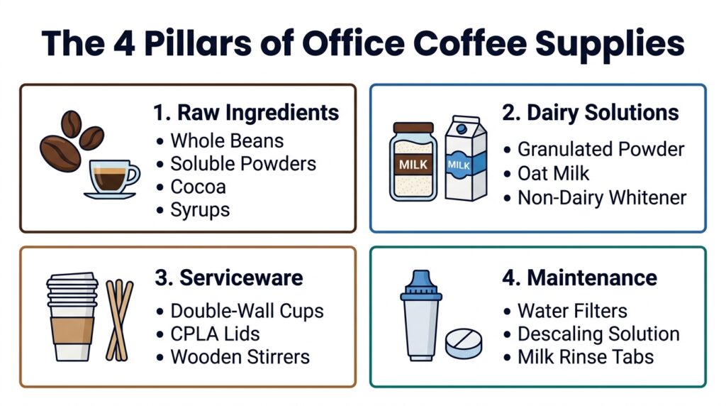 A 4-quadrant infographic categorizing office coffee supplies into Raw Ingredients, Dairy, Serviceware, and Maintenance items on a white background.