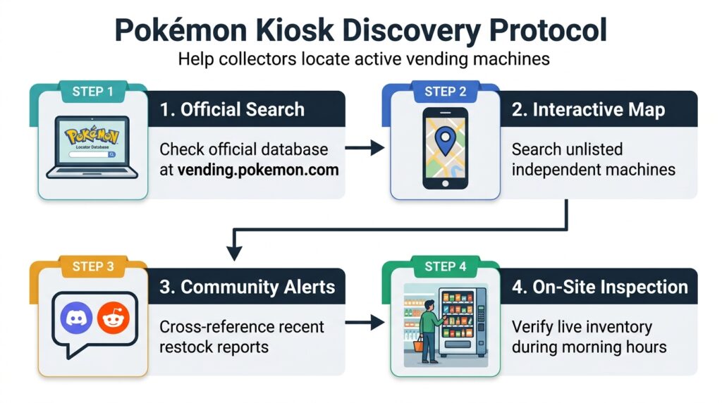 4-step process flowchart illustrating how to locate and verify Pokémon vending machine inventory in New York on a white background.