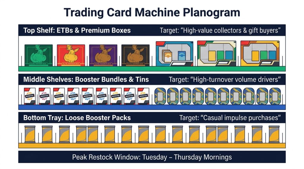Diagram illustrating internal shelf planogram layout and restock timing for Pokémon card vending machines on a white background.