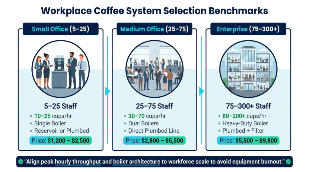 Infographic matrix mapping small, medium, and large office tiers against peak hourly throughput, water supply, boiler type, and machine price on a solid white background.